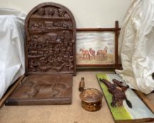 A carved panel of a shire horse together with a carved panel of Romany travellers, fern box,