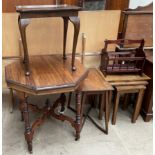 A nest of oak tables together with a magazine rack and three occasional tables