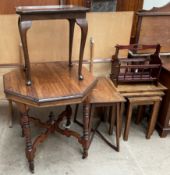 A nest of oak tables together with a magazine rack and three occasional tables