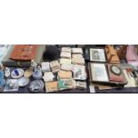 Assorted letters, postcards, bowler hat, book press, briefcase,
