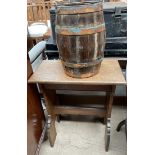 An oak bible stand together with a coopered bucket