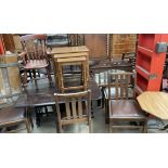 An Edwardian mahogany gateleg table together with three oak chairs, a nest of three oak tables,