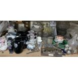 Glass vases together with decanters, glass bowls, pottery jugs, costume jewellery,