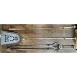 Steel and brass fire irons, including a shovel,