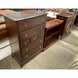 A stag chest of drawers together with a mahogany side cabinet and a mahogany bookcase