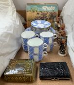 A blue and white part tea set together with Hummel figures, Irish box,