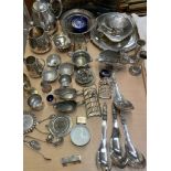 A silver comb together with assorted electroplated wares including part tea set, salad servers,