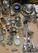 A silver comb together with assorted electroplated wares including part tea set, salad servers,