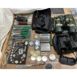 Assorted coins, together with a silver pin tray, vesta cases, cameo, bracelet, binoculars,