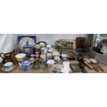Dressing table brushes together with an electroplated twin handled trophy cup, gloves,