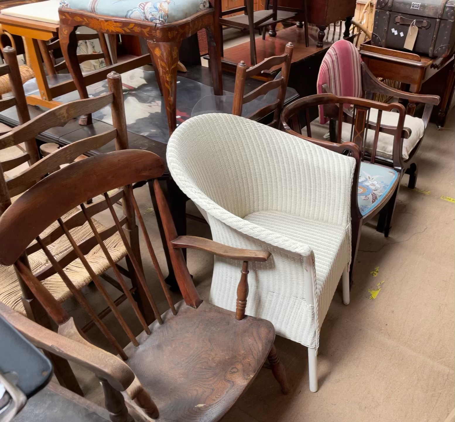 A Lloyd Loom white painted chair together with a stick back elbow chair, - Image 2 of 5