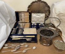 A cased set of silver teaspoons and silver nips together with cased fish sets, cased cake forks,