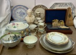 A Noritake coffee set together with a metronome, assorted plates,