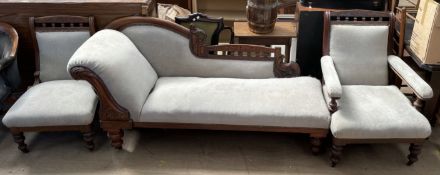 A Victorian upholstered chaise longue together with a Ladies and a Gentleman's chair