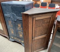An oak hanging corner cupboard together with a painted tallboy