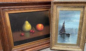 K Cotton Still life study of fruit Oil on canvas Signed Together with an oil painting of ships in a