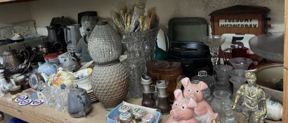 Wade Natwest piggy banks, together with glass vases, desk calendar, binoculars, electroplated wares,