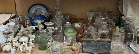 Assorted crested wares together with glass decanters, carnival glass, pharmacy jars,