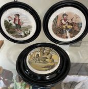 A pair of pottery pot lids, titled Injury and revenge together with another depicting bears,