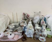 Assorted Coalport figures together with part dressing table sets, a glass jug,