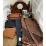 An Edwardian mahogany mantle clock together with a hand bell, inlaid box, carved owl,