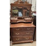 A satin walnut dressing chest, with a rectangular mirror and two drawers,
