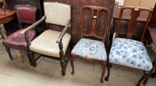 A Dutch marquetry decorated chair together with three other dining chairs