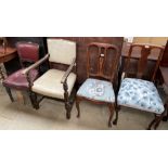 A Dutch marquetry decorated chair together with three other dining chairs