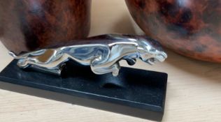A chrome plated Jaguar car mascot together with two Lombok beaded vases