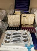 A silver ended carving set together with cased silver tea spoons, electroplated goblets,