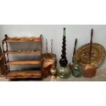 Brass milk skimming ladles together with glass bottles, copper bed warming pans,