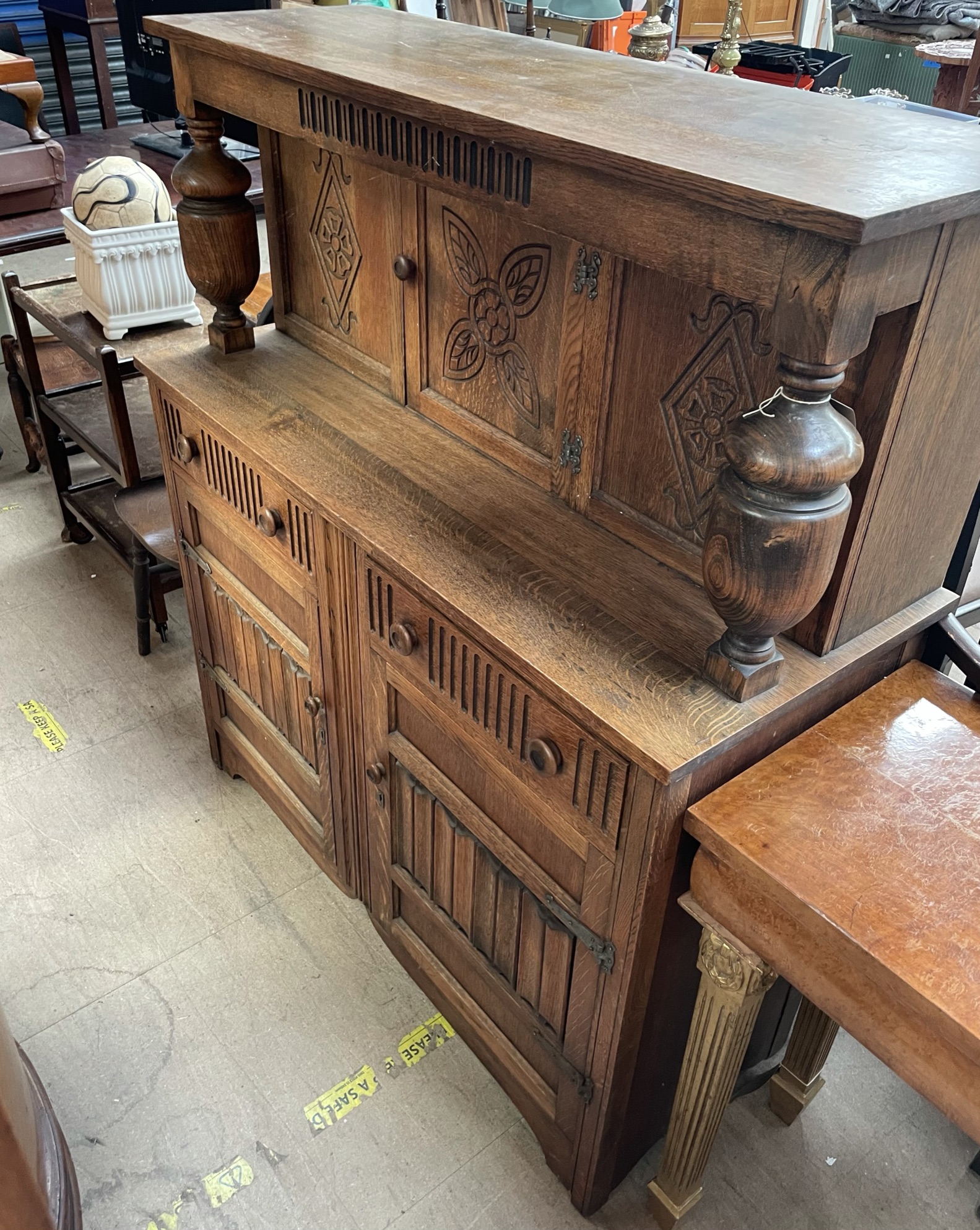 A 20th century oak court cupboard together with a tea trolley, two chairs, - Image 2 of 5