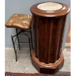 A Victorian mahogany marble topped pot cupboard together with a brass upholstered piano stool
