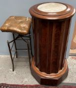 A Victorian mahogany marble topped pot cupboard together with a brass upholstered piano stool