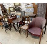 A 19th century mahogany pot cupboard together with a cheval mirror, dolls pram,