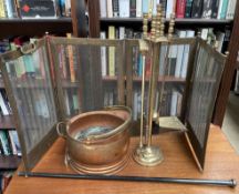 A silver topped walking cane together with a copper coal scuttle,