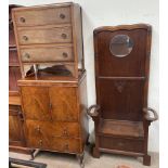 A 20th century walnut tall boy together with a chest of drawers and an oak hallstand