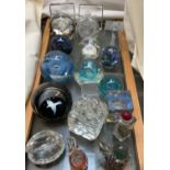 A Swarovski crystal oyster shell together with Caithness glass paperweights and other paperweights