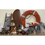 Bradford Exchange plates together with a boat port hole, wooden rudder, life buoy, Wade animals,
