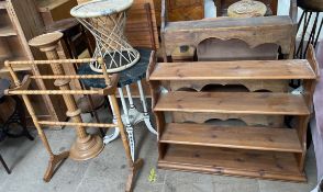 A painted occasional table together with a towel rail, torcheres,