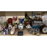 Taxidermy - a pigeon, together with carnival glass, majolica jug, Masons pottery, miniature tea set,