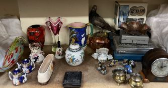 Taxidermy - a pigeon, together with carnival glass, majolica jug, Masons pottery, miniature tea set,