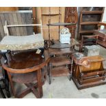 A circular occasional table together with an upholstered foot stool, hanging shelves,