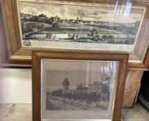 An etching of Cardiff Castle together with a view of Cardiff after Samuel and Nathaniel Buck