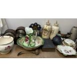 A pottery jug and basin set together with pottery clock, pottery vases, mantle clocks, Welsh bible,