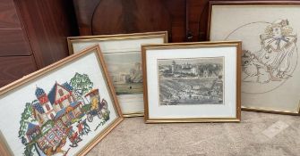 Two prints of Cardiff together with two tapestry pictures