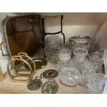 An electroplated tray, together with a brass trivet, glass bowls,