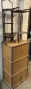 A mahogany folding cake stand together with a three tier cabinet and a two tier side table