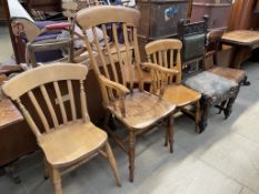 A 19th century slat back kitchen chair together with four various dining chairs