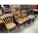 A 19th century slat back kitchen chair together with four various dining chairs
